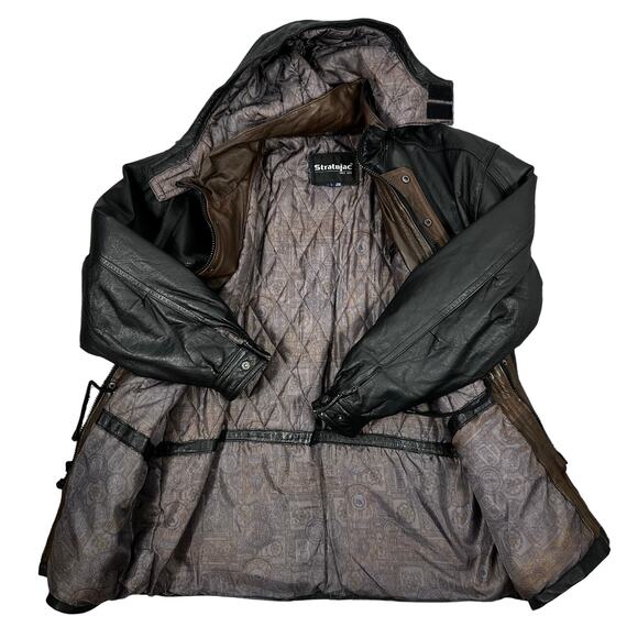 Stratojac Leather Parka Jacket Coat Men's Large Black Brown Hooded Heavy VT - Picture 6 of 16
